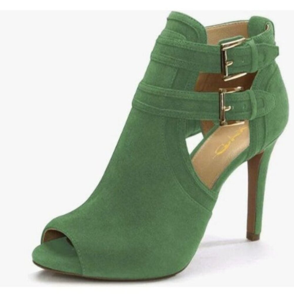 XYD Women Peep Toe Ankle Bootie High Heels Buckled Double Straps Cutout Green
